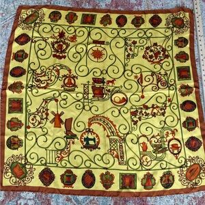 Vintage Longchamp Yellow and orange twill silk scarf equestrian design. Size 33’